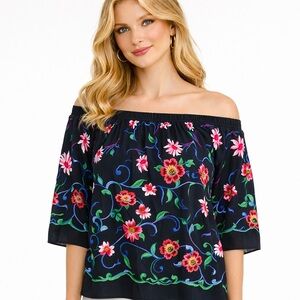 Karen Kane Embroidered Off Shoulder Blouse XL | Dark Floral Boho Top